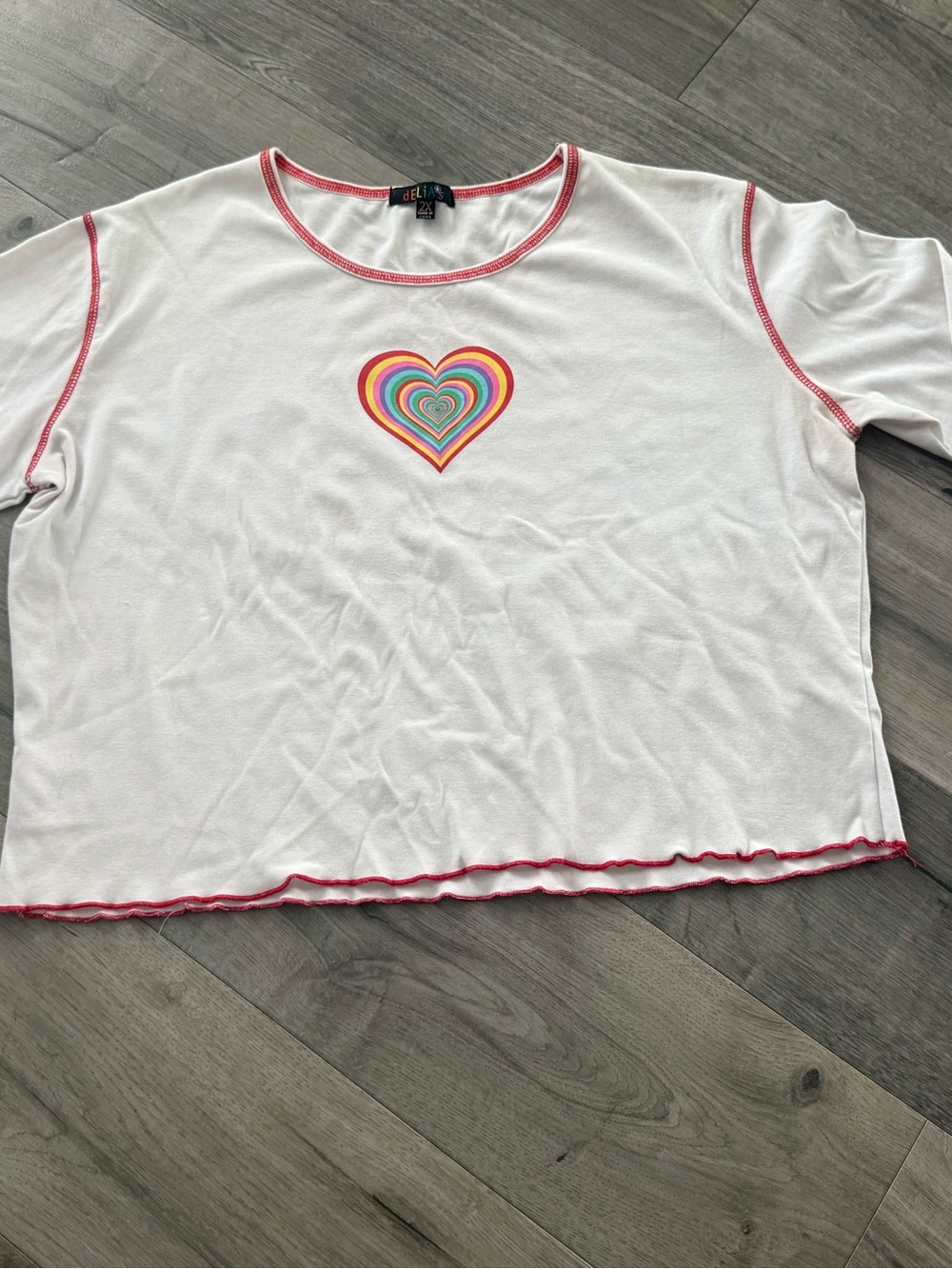 dELiA*s White Long Sleeve Tee with Rainbow Heart and Red Stitching